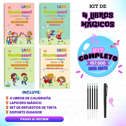 SUPER KIT DE 4 LIBROS DE CALIGRAFÍA REUTILIZABLES TINTA MÁGICA